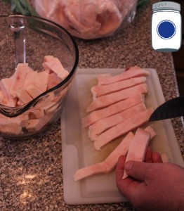 Cut fat into pork strips
