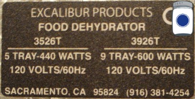 Excalibur dehydrator data plate