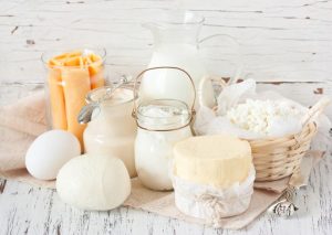 Fresh farm dairy products: cheese, butter, eggs, milk and yogurt 